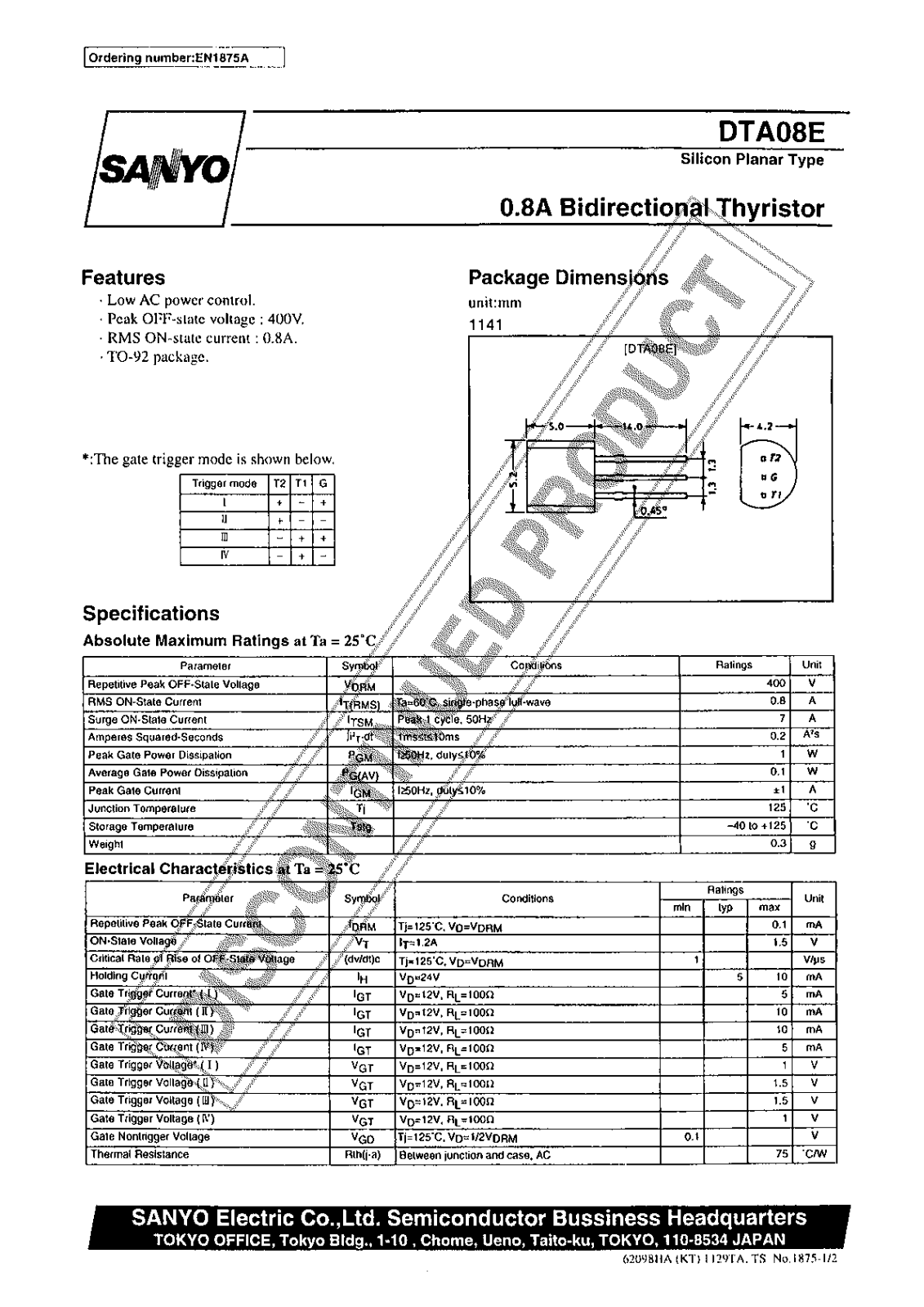 Sanyo DTA08E Specifications