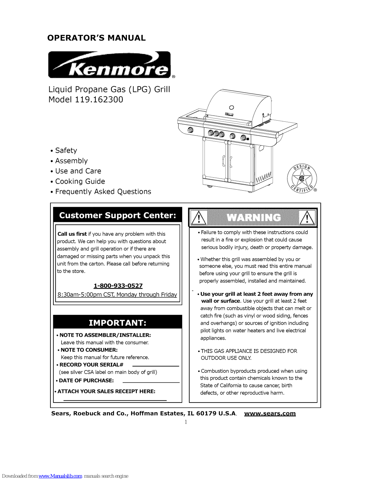 Kenmore LIQUID PROPANE GAS (LPG) GRILL 119.1623 Operator's Manual - ManualMachine.com