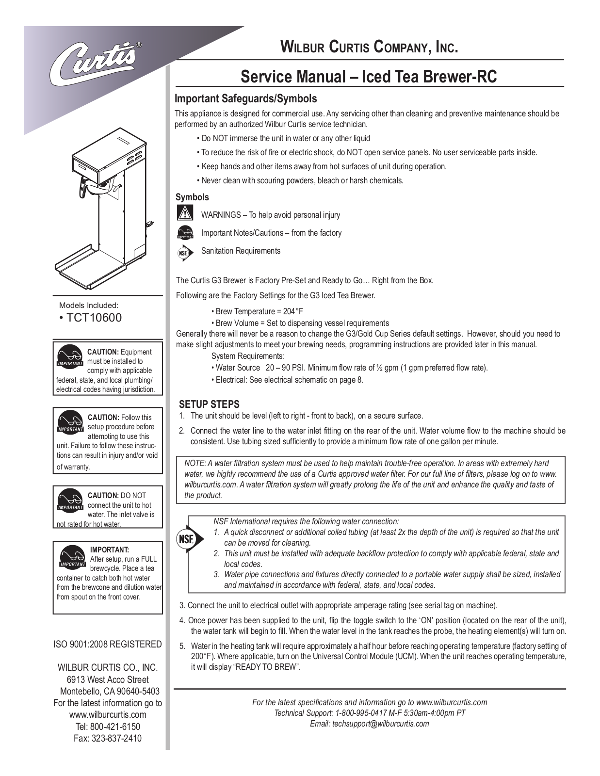 Wilbur Curtis TCT10600 Service Manual