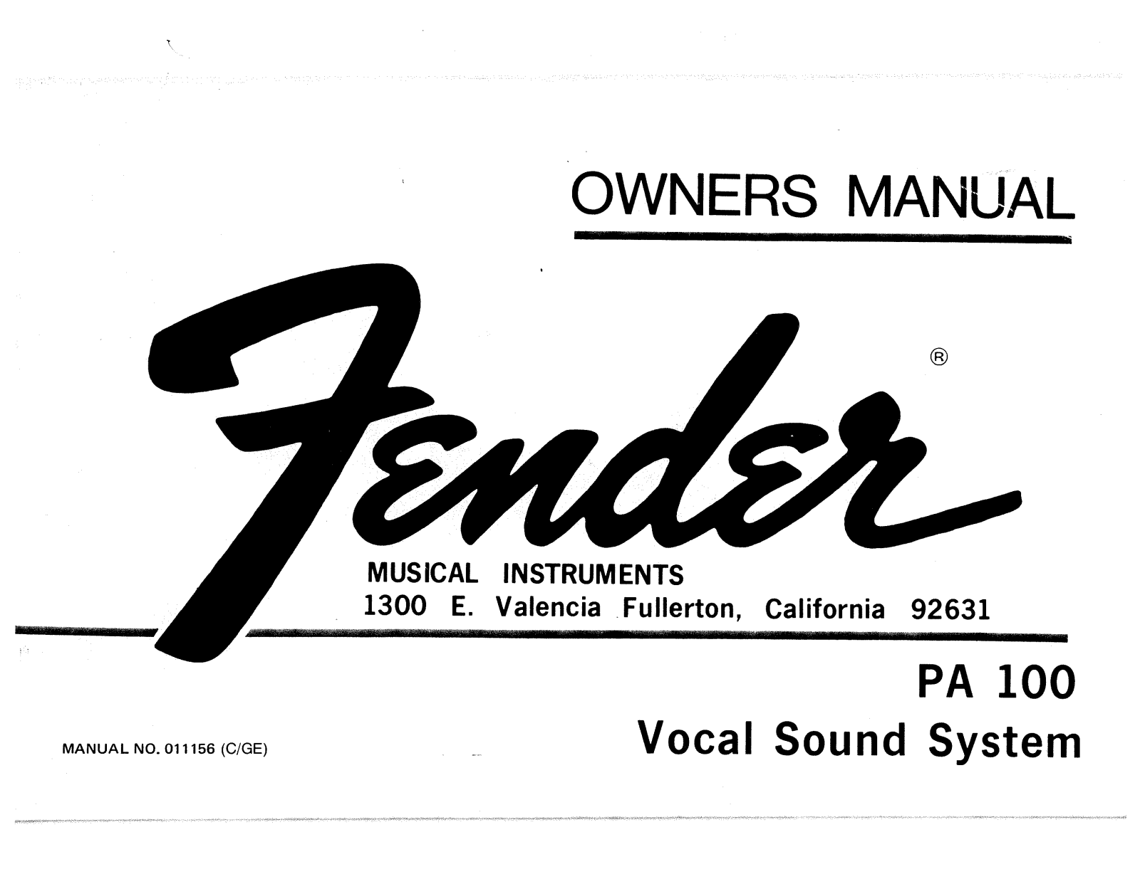 Fender PA-100 Operation Manual