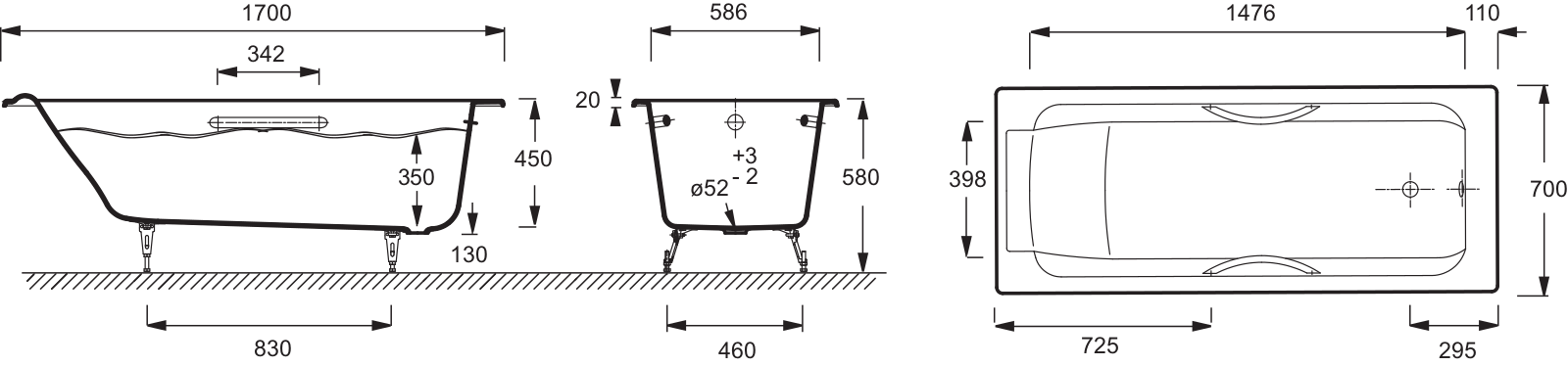 Jacob Delafon PARALLEL E2948-00 Dimensions