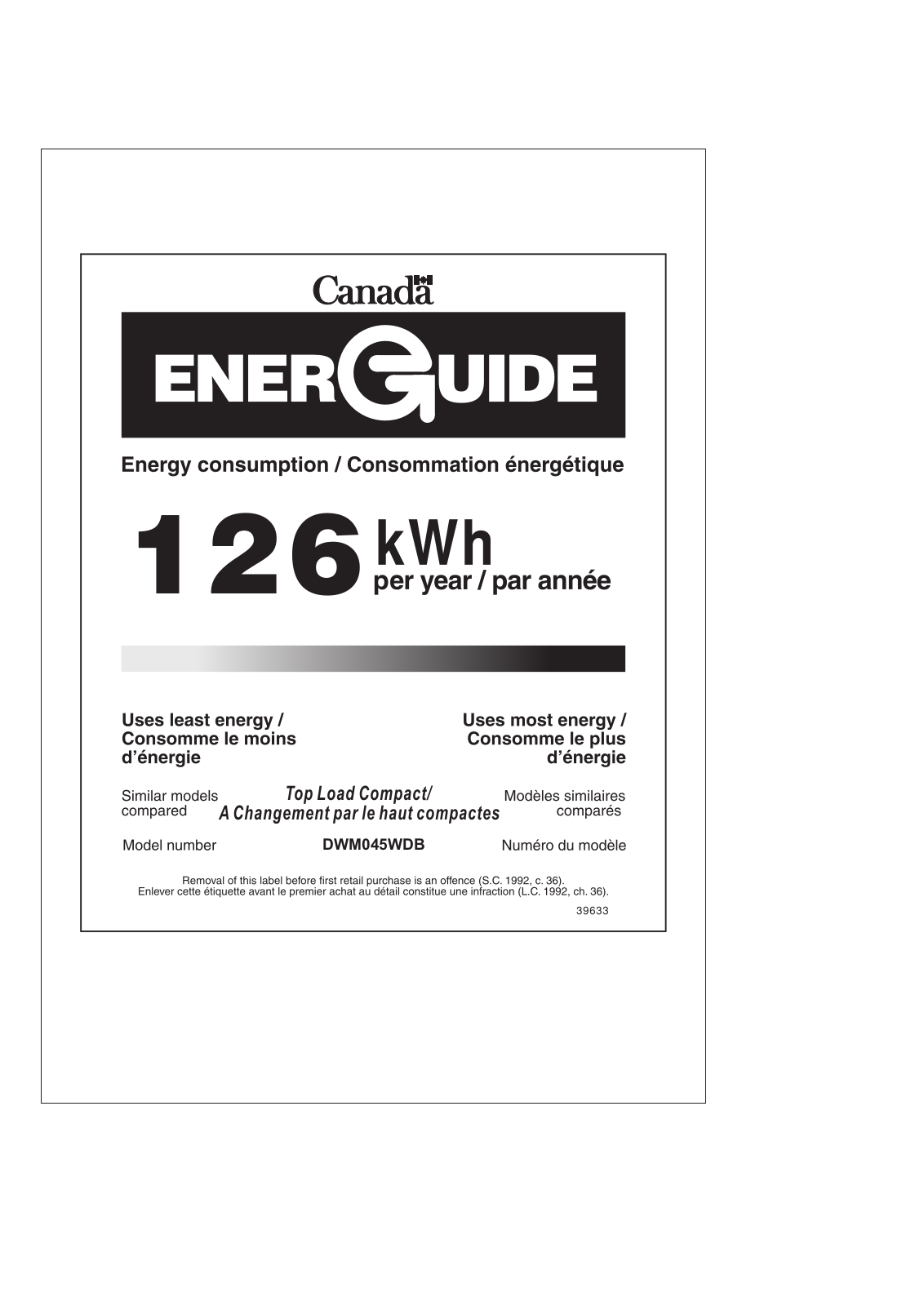 Danby DWM045WDB Energy Guide