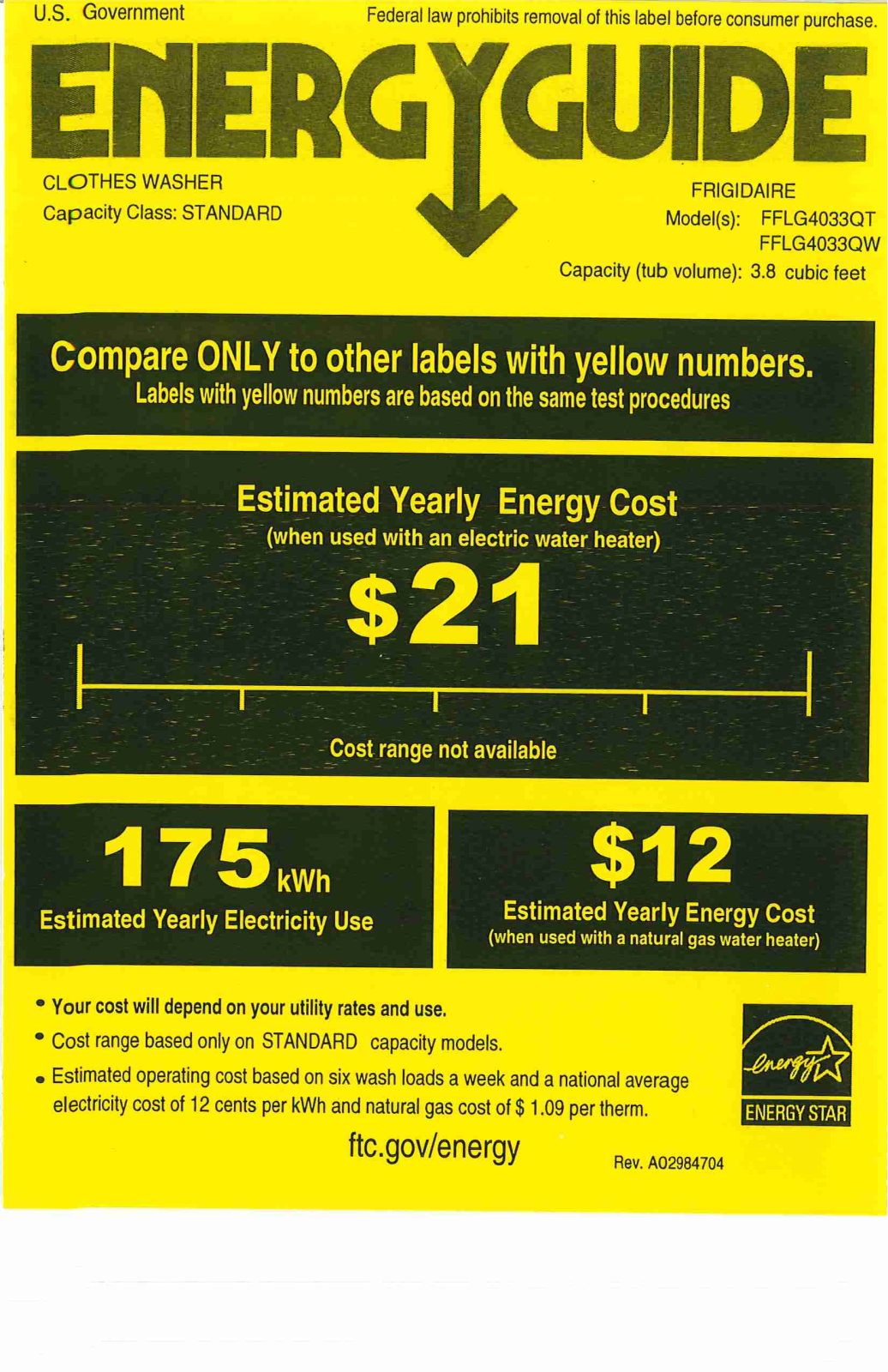 Frigidaire FFLG4033QT, FFLG4033QW Energy Guide