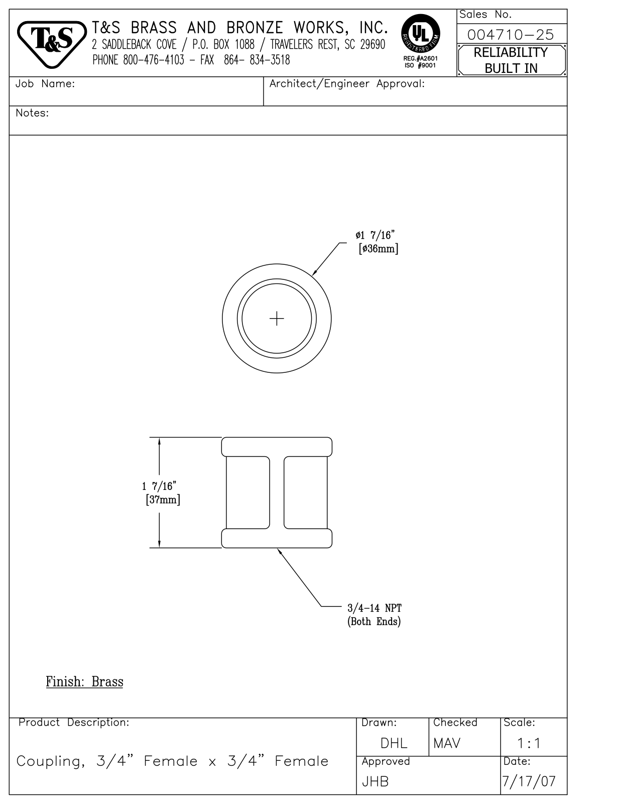 T&S Brass 004710-25 User Manual