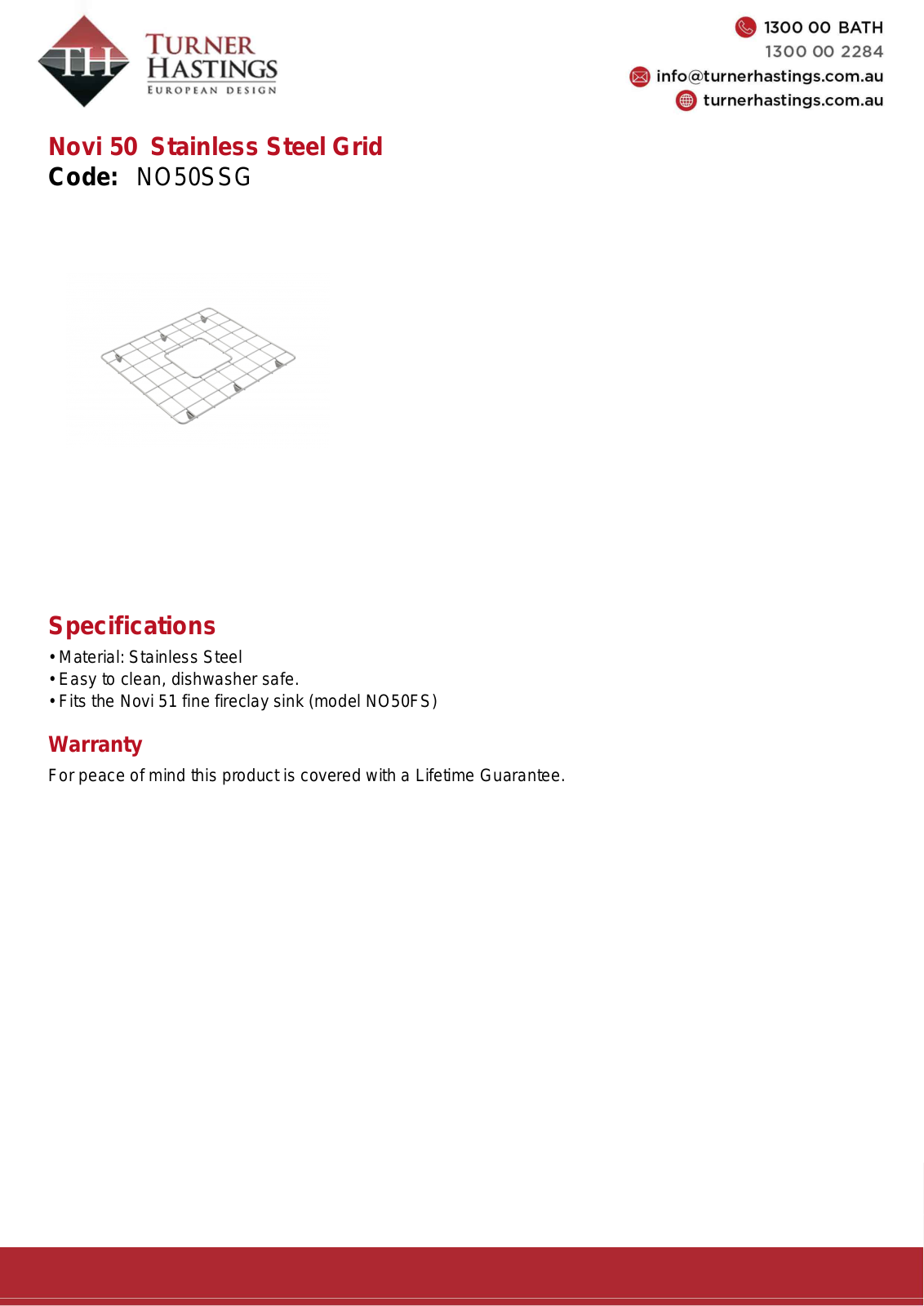 Turner Hastings NO50SSG Specifications Sheet