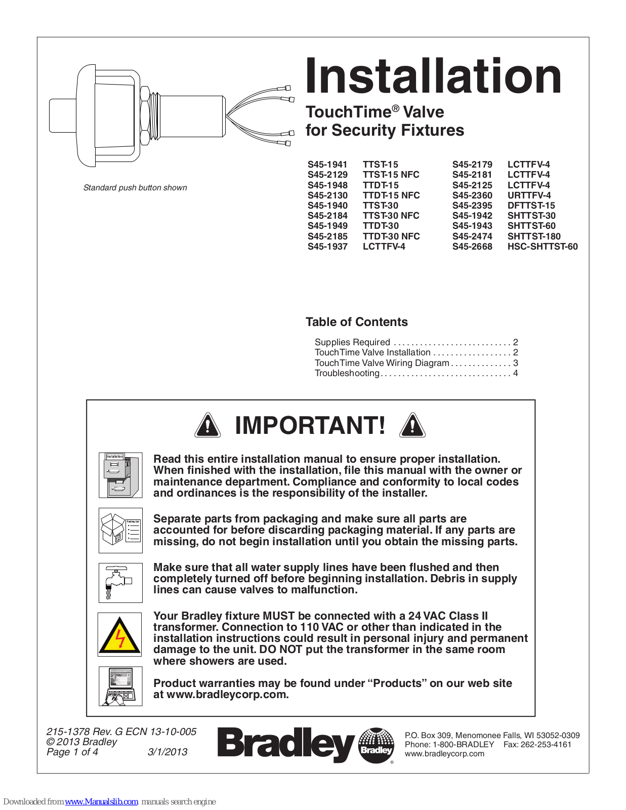 Bradley S45-2130, S45-1940, S45-2184, S45-1949, S45-1937 Installation Manual