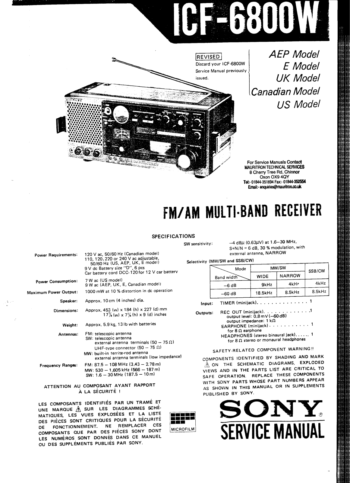 Sony ICF-6800-W Service manual