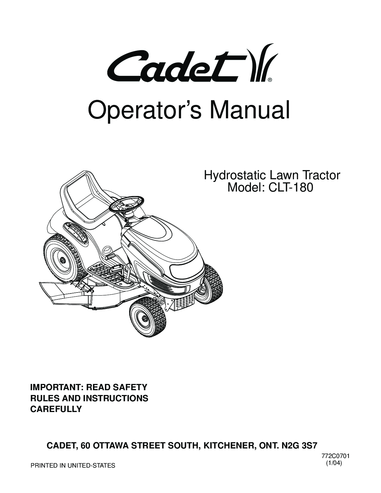 Cub Cadet CLT-180 User Manual