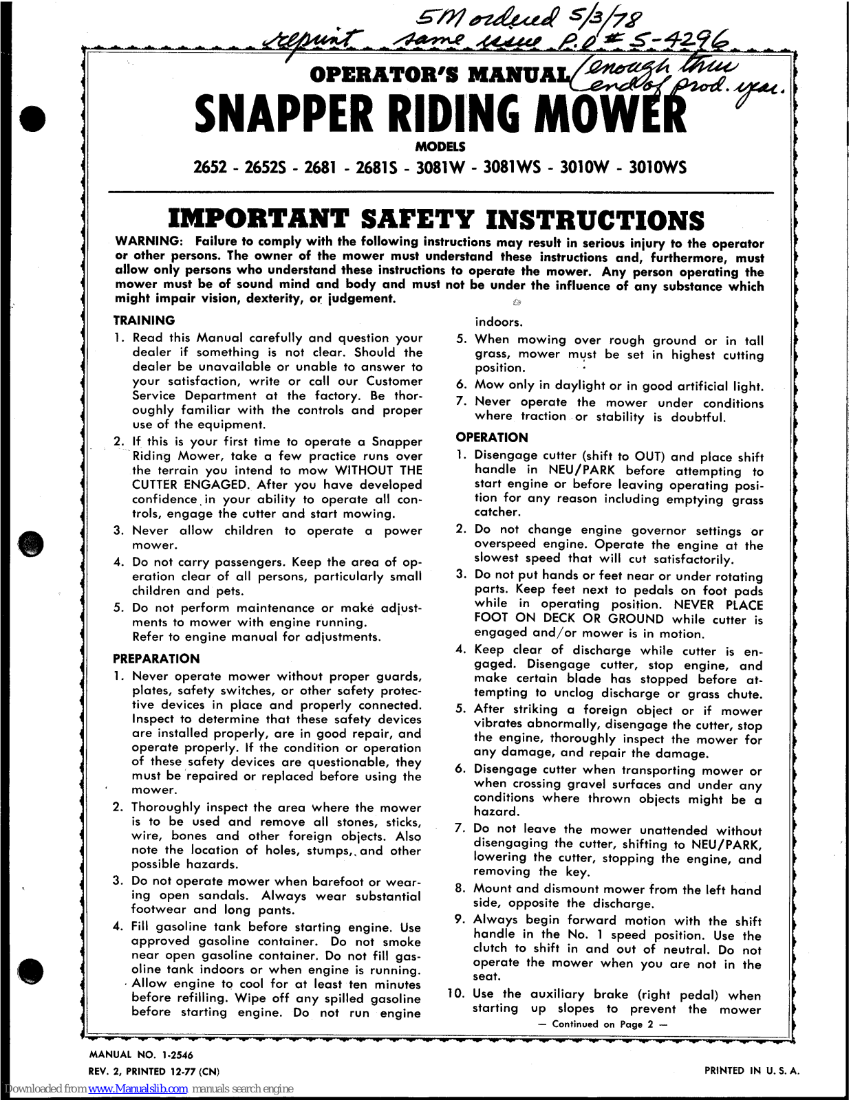 Snapper 2652S, 2681, 2681S, 3010W, 3010WS Operator's Manual