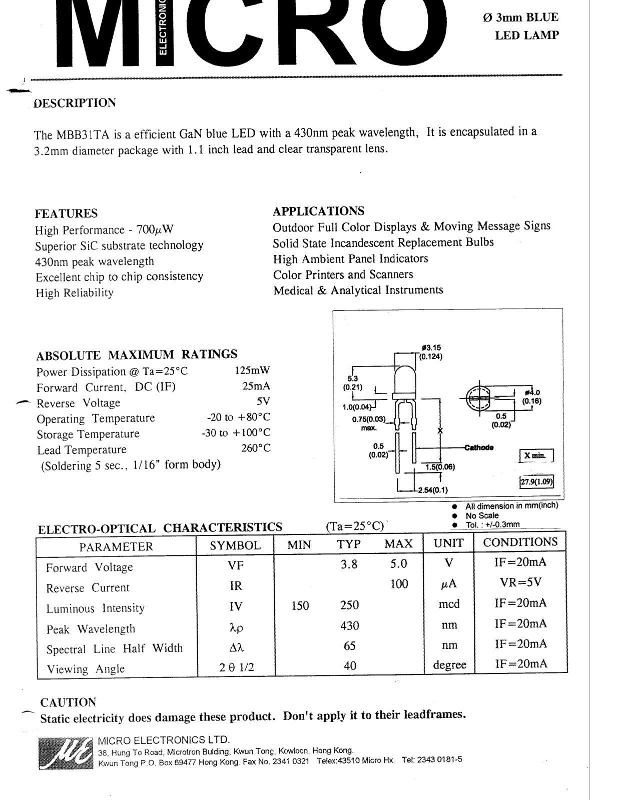 MICRO MBB31TA Datasheet