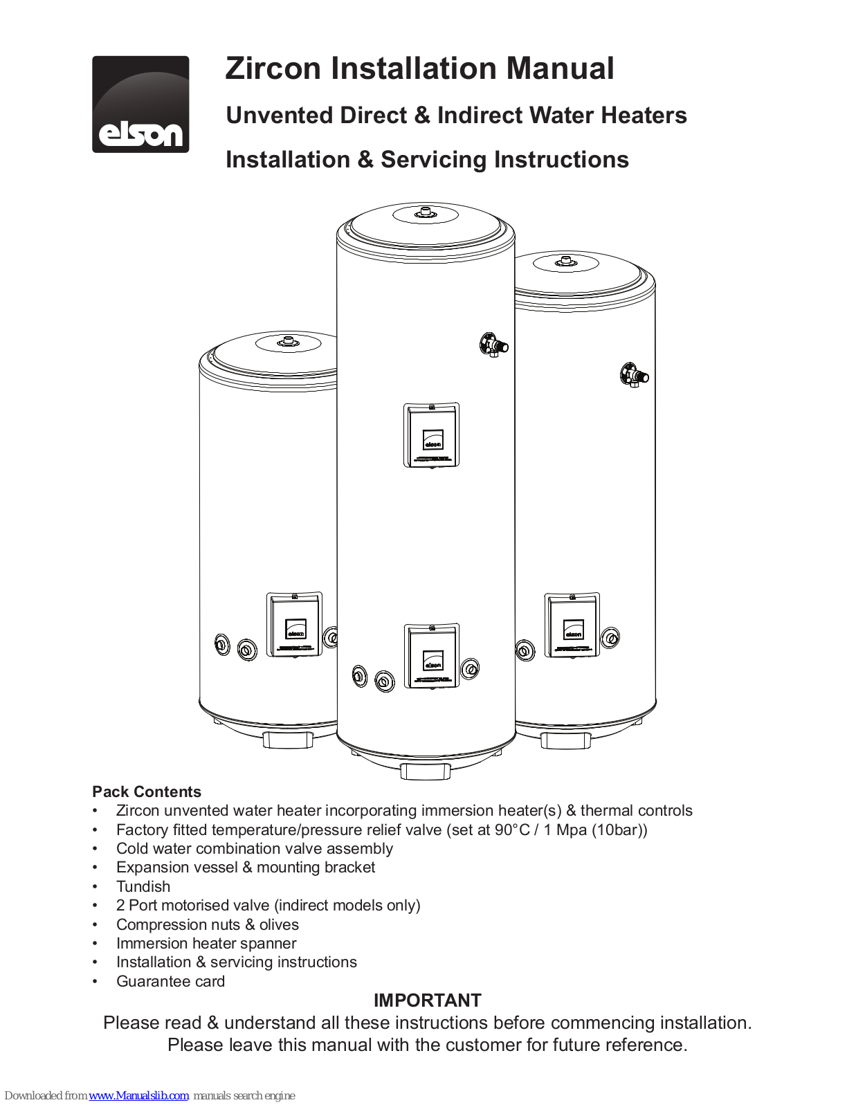 Elson 120zi, 170zi, 210zi, 250zi, 150zi Installation Manual - ManualMachine.com