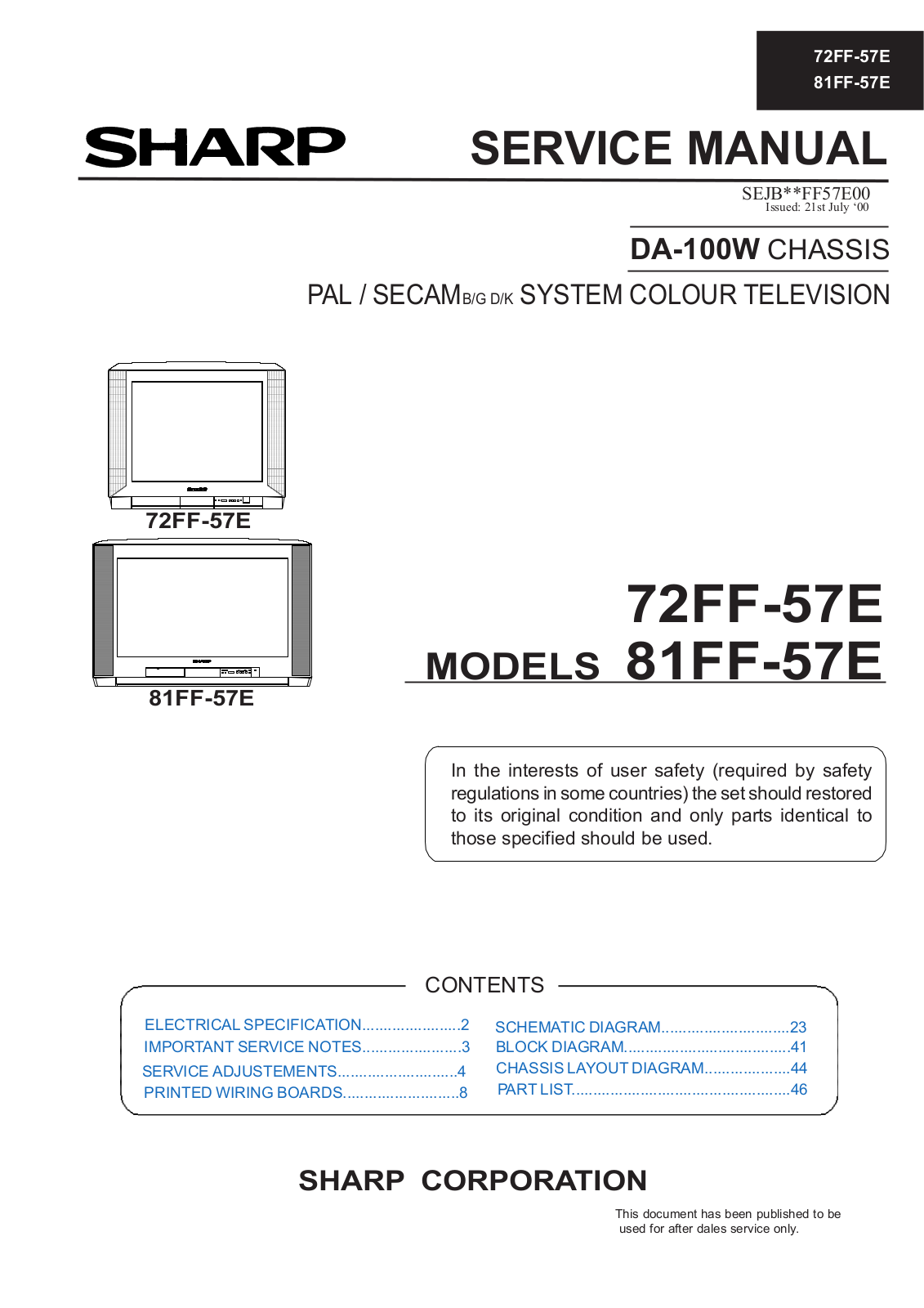 Sharp DA-100W, 81FF-57E, 72FF-57E Service Manual