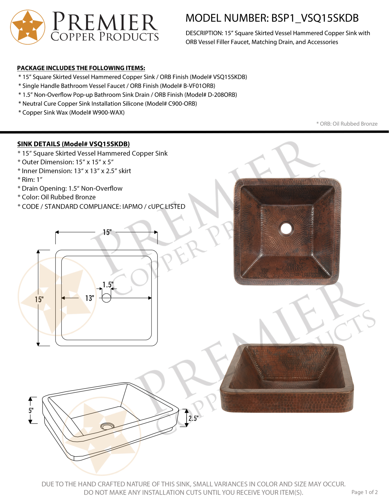 Premier Copper Products IER1825 Specifications - ManualMachine.com