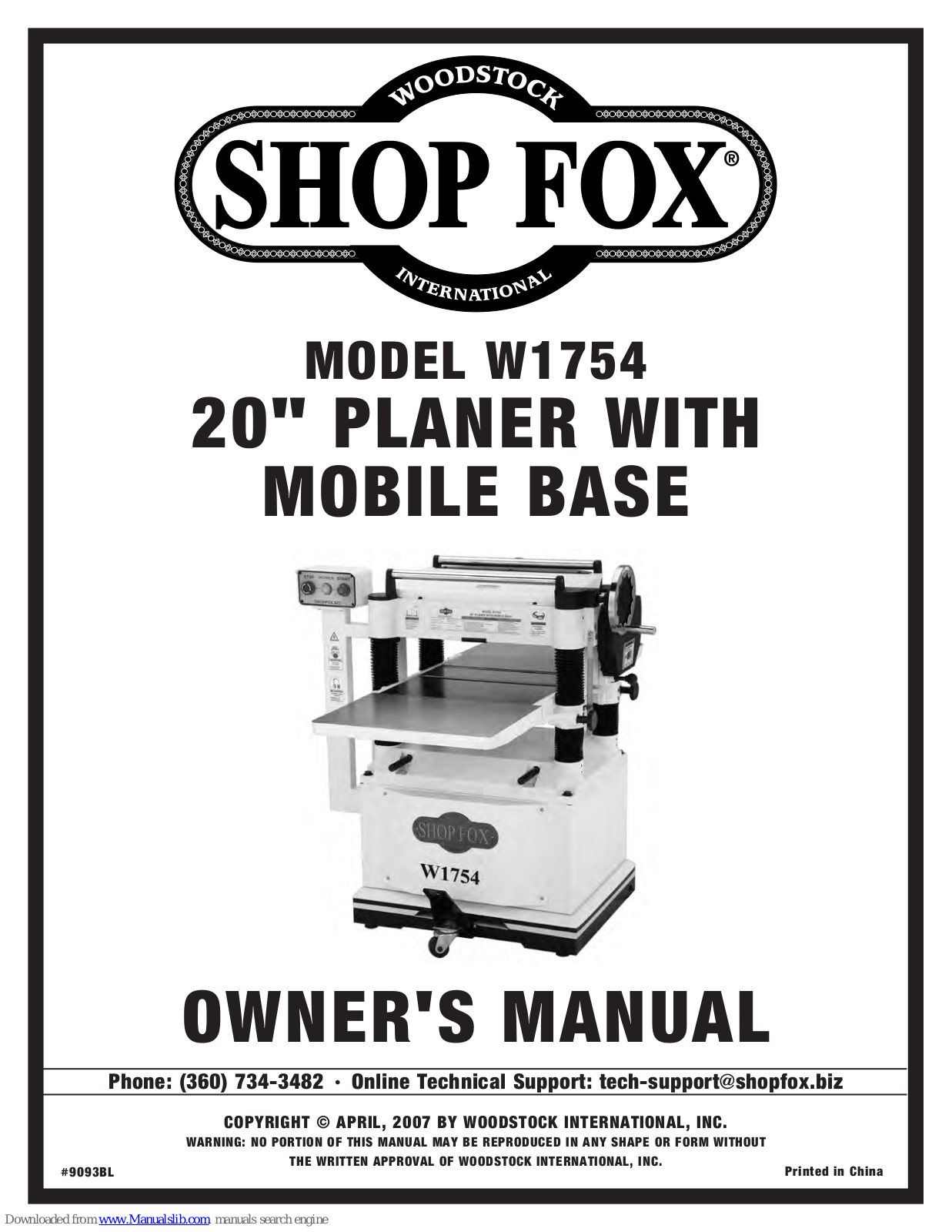 Shop fox W1754 Owner's Manual