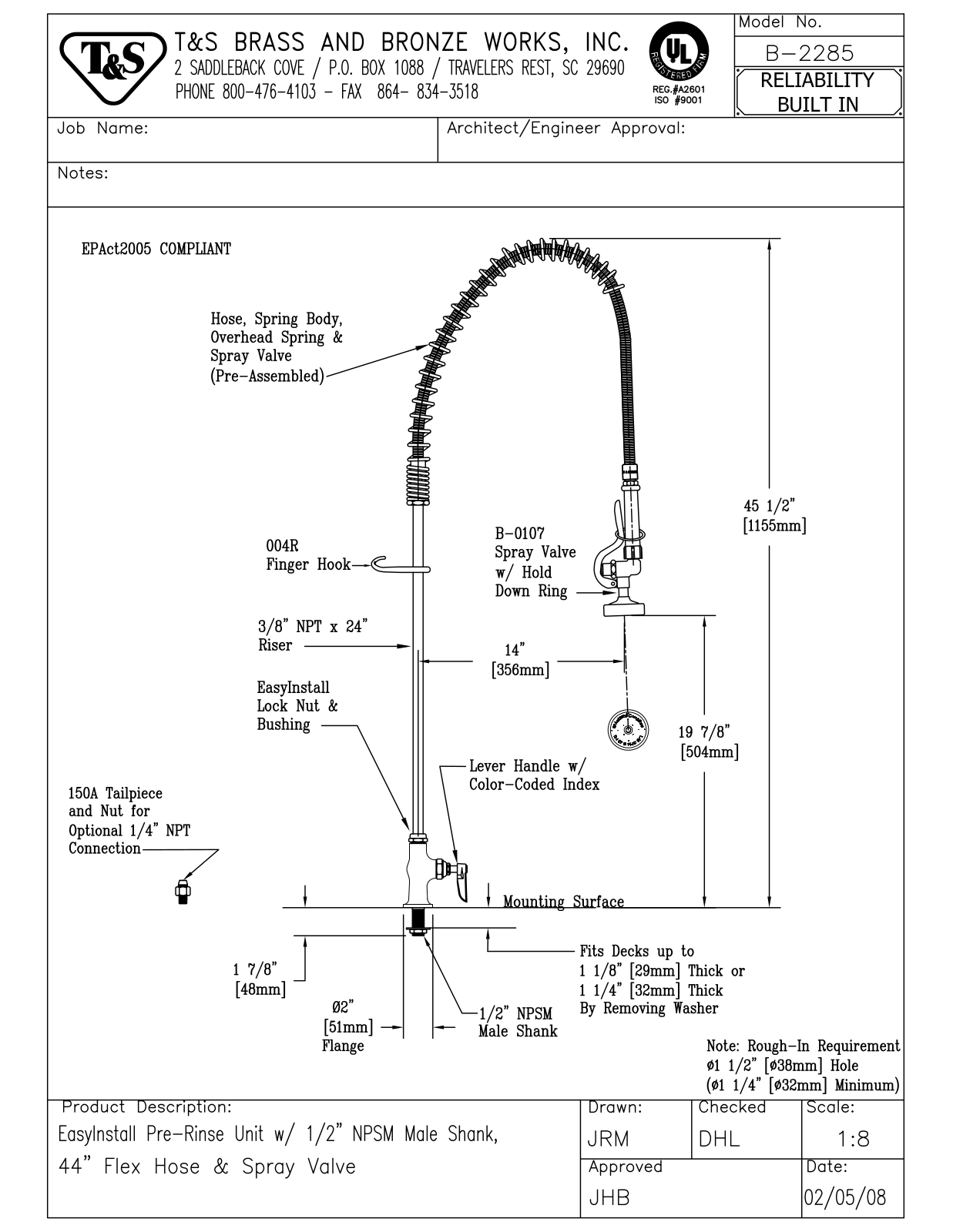 T&S Brass B-2285 User Manual