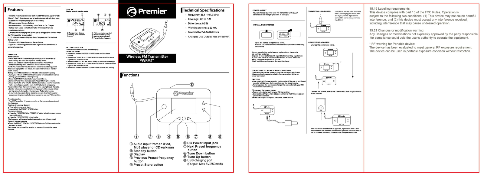 Premier Accessory Group PWFMT1 Users Manual