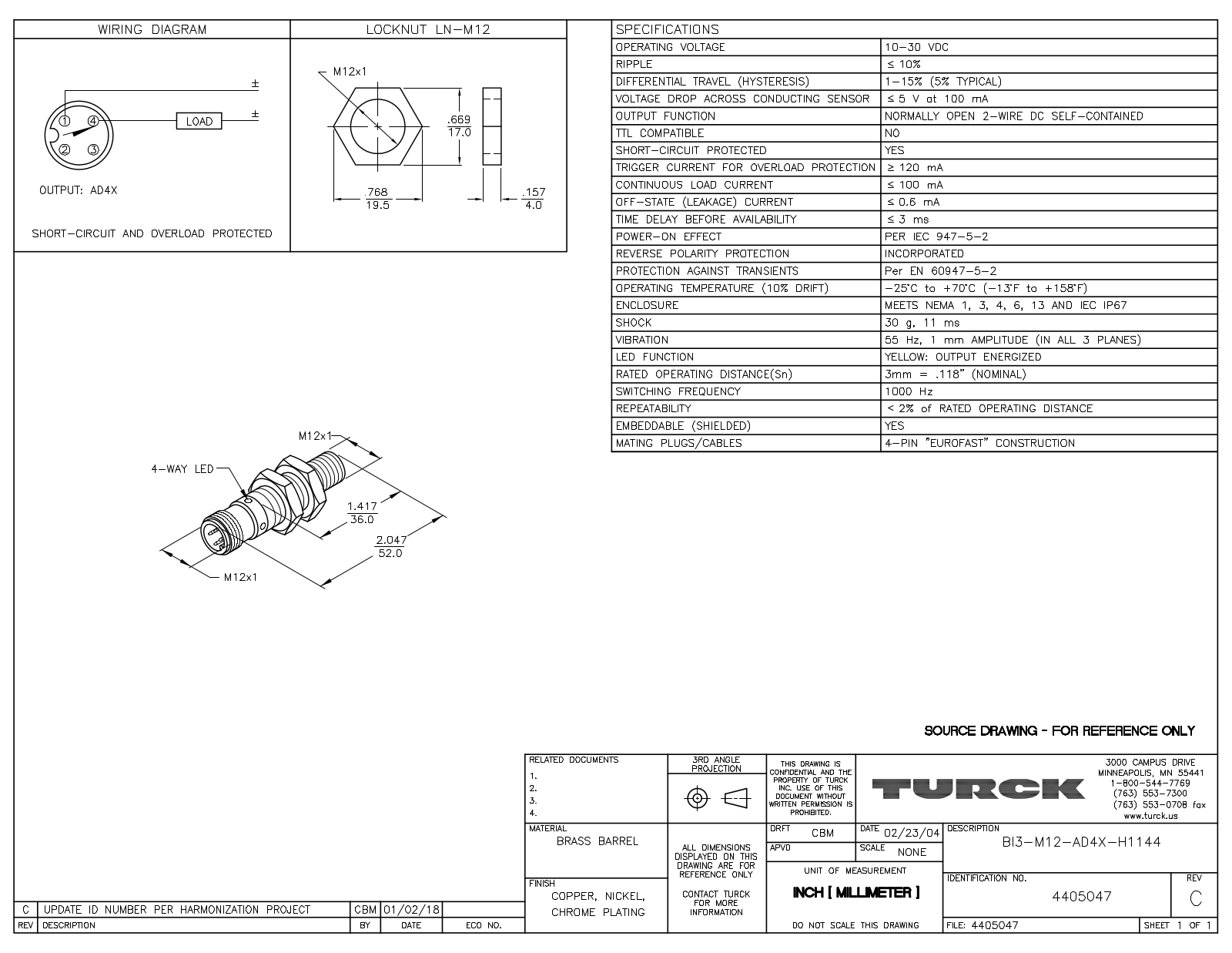 Turck BI3-M12-AD4X-H1144 Data Sheet