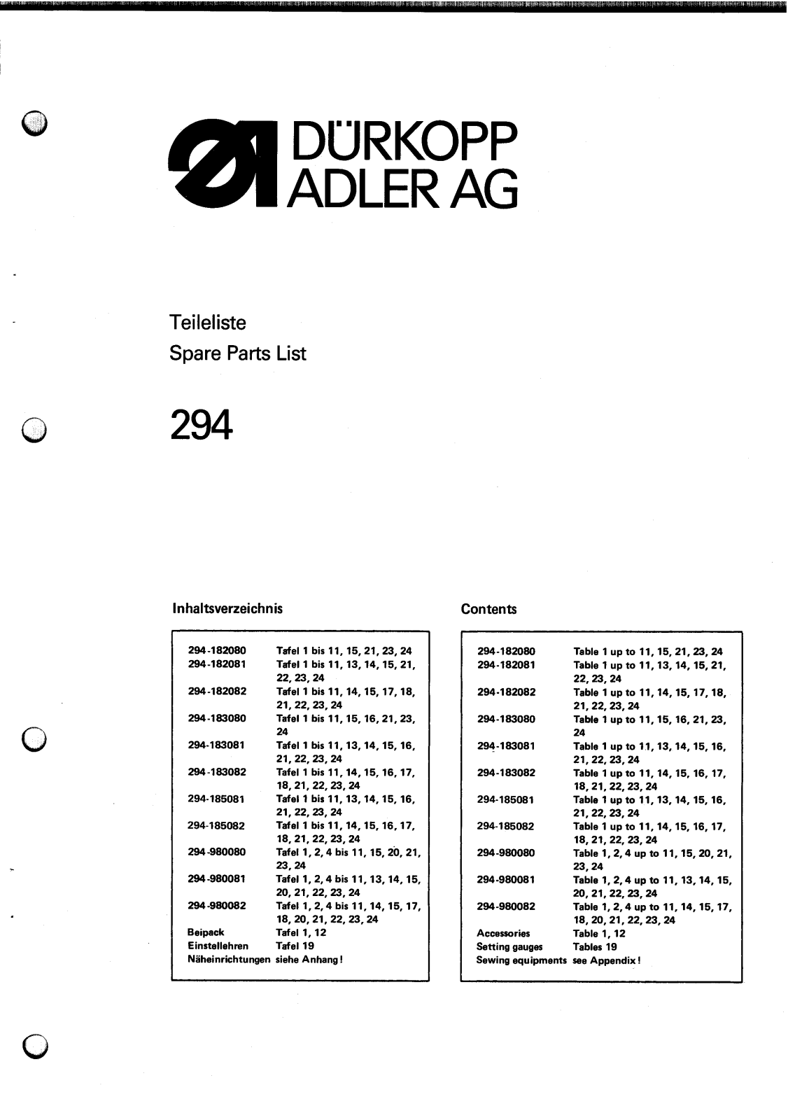 DURKOPP 294 Parts List