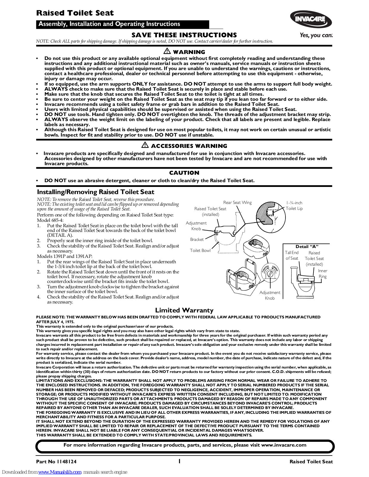 Invacare 685‐4, 1391P, 1391AP Assembly, Installation And Operating Instructions