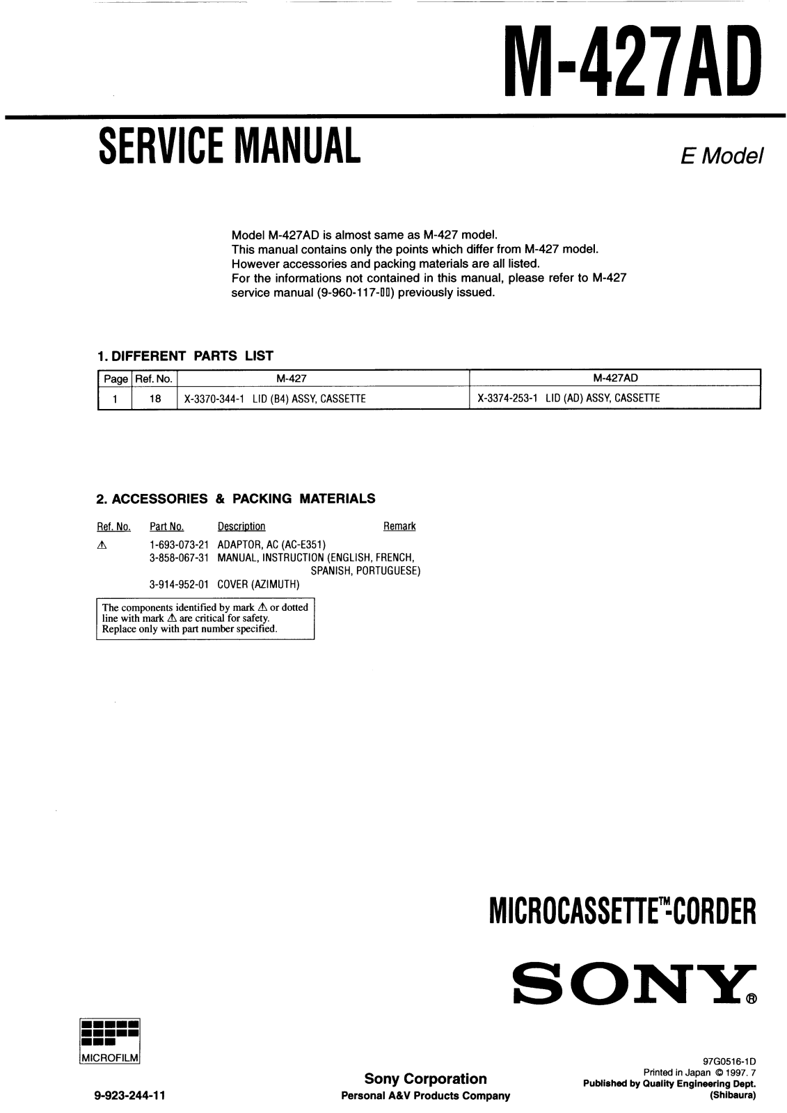 Sony M-427AD Service Manual