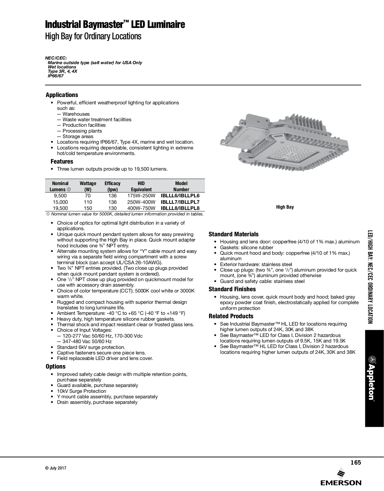 Appleton Industrial Baymaster™ LED Luminaire Catalog Page