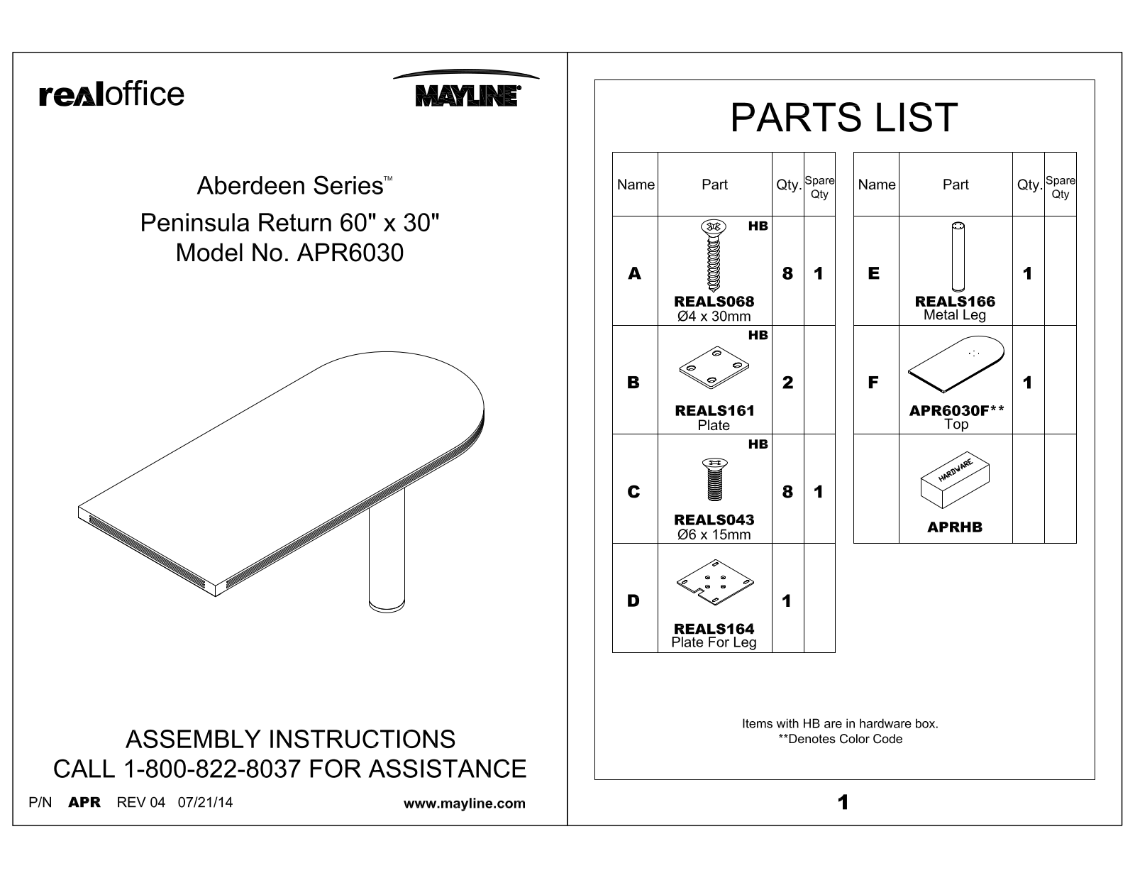 Mayline Peninsula Return 60 x 30 Aberdeen User Manual