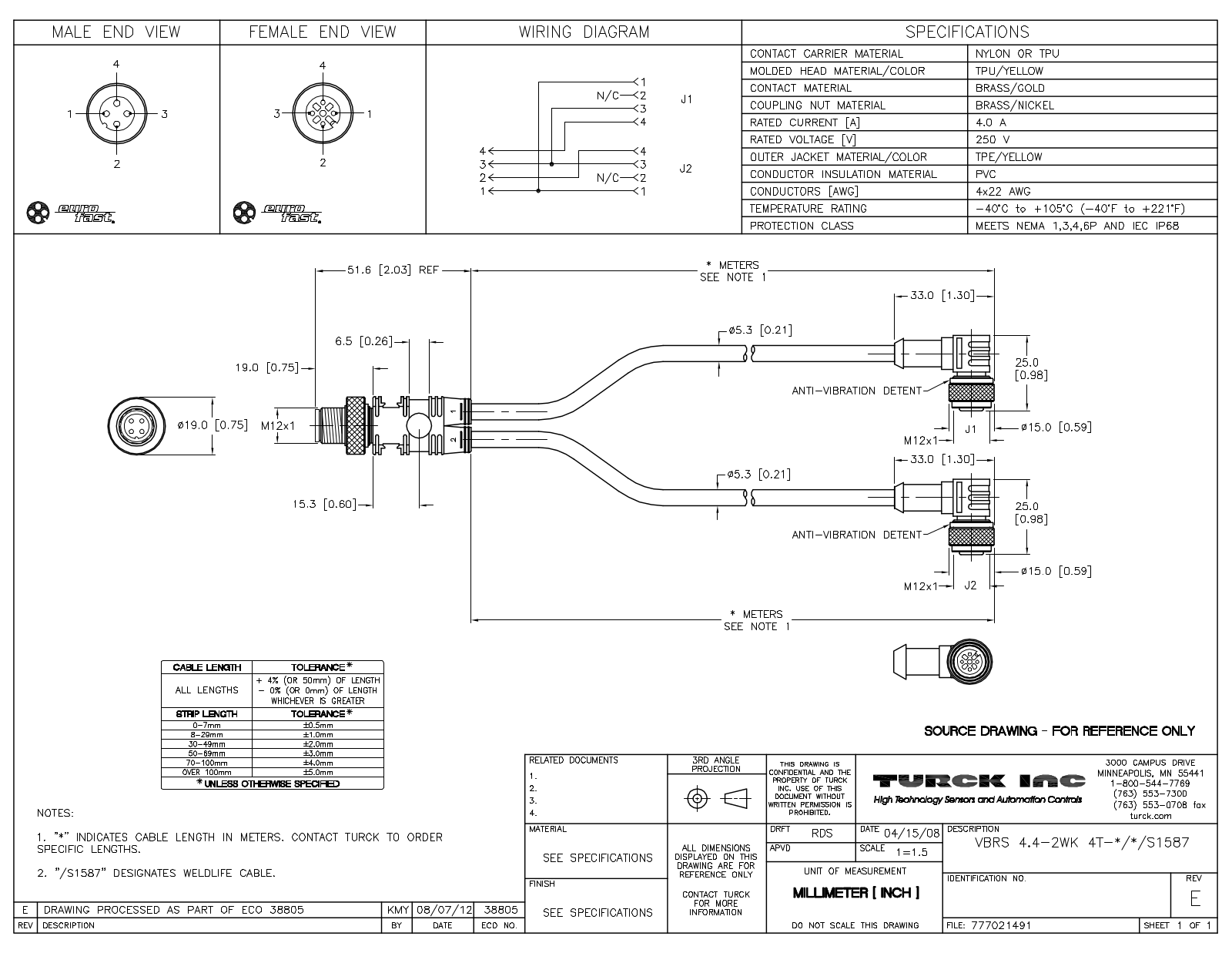 Turck VBRS4.4-2WK4T-1/1/S1587 Specification Sheet