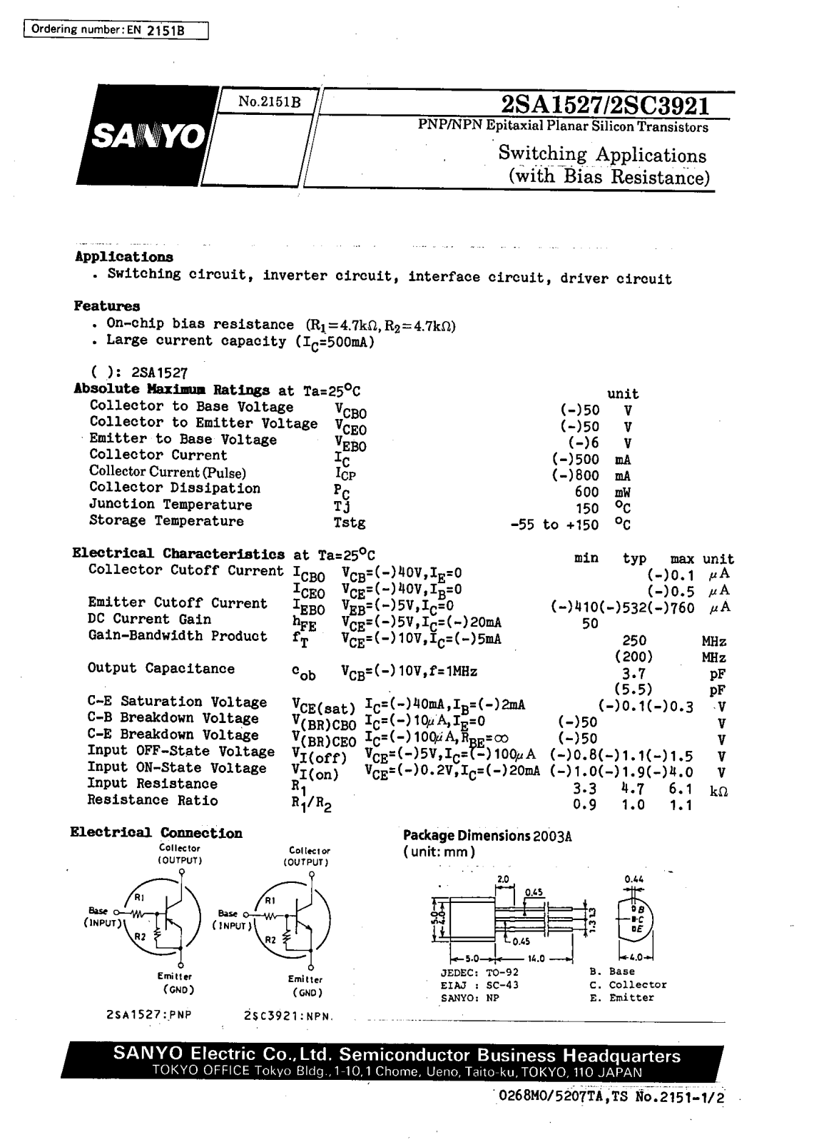 SANYO 2SC3921, 2SA1527 Datasheet