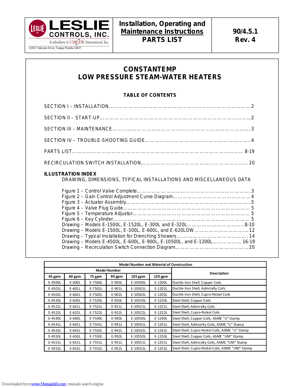 Leslie E-1200L, E-4501L, E-601L, E-7500L, E-7501L Installation, Operating And Maintanance Manual