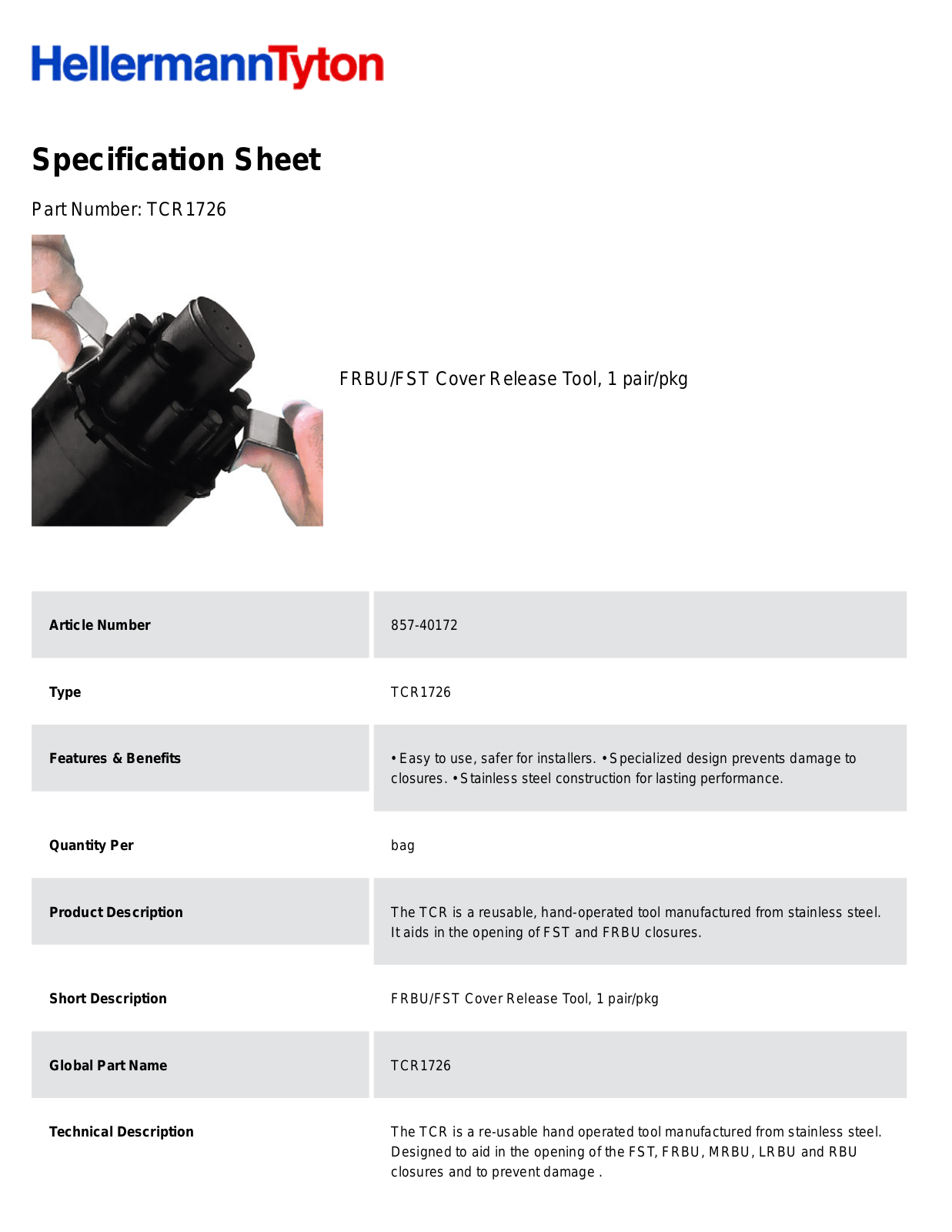 HellermannTyton TCR1726 Specification Sheet