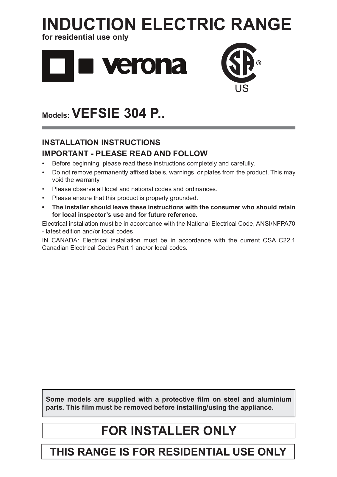 Verona VEFSIE304PSS Installation Manual