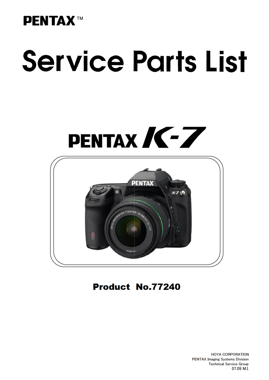 Pentax K-7 Parts List