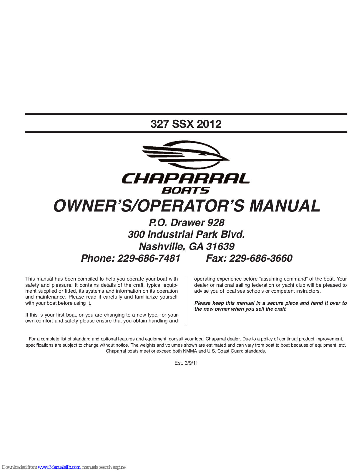 Chaparral 327 SSX 2012, 285 SSX, 287 SSX, 267 SSX Owner's And Operator's Manual