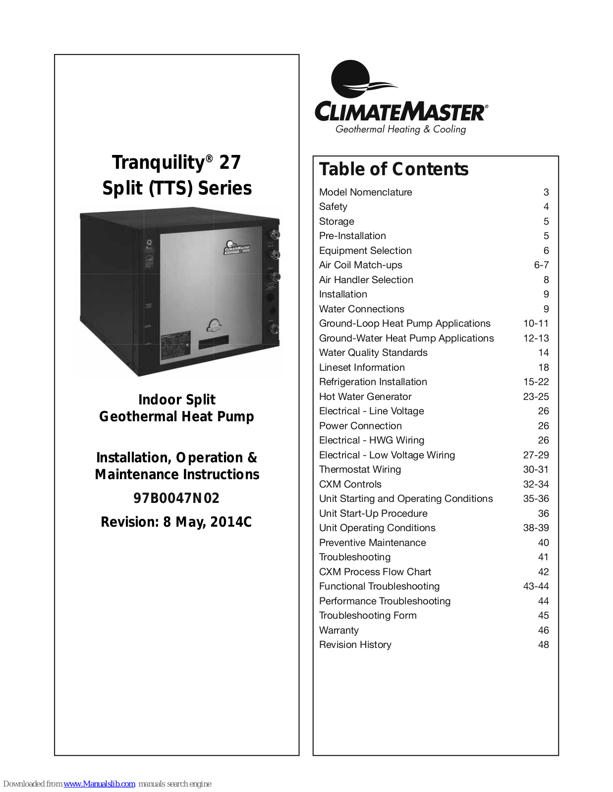 ClimateMaster Tranquility 27 Split (TTS) Series 97B0047N02, Tranquility 27, Tranquility 27 Split (TTS) Series Installation, Operation & Maintenance Instructions Manual