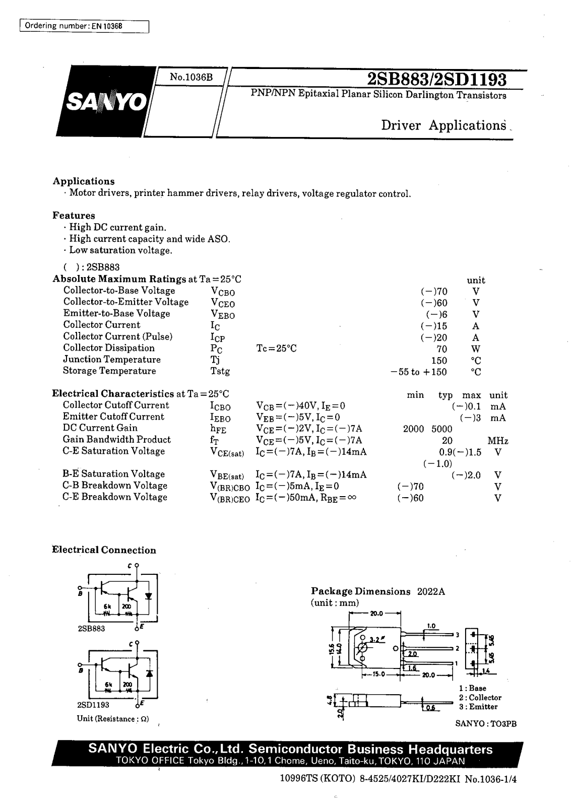 SANYO 2SD1193, 2SB883 Datasheet