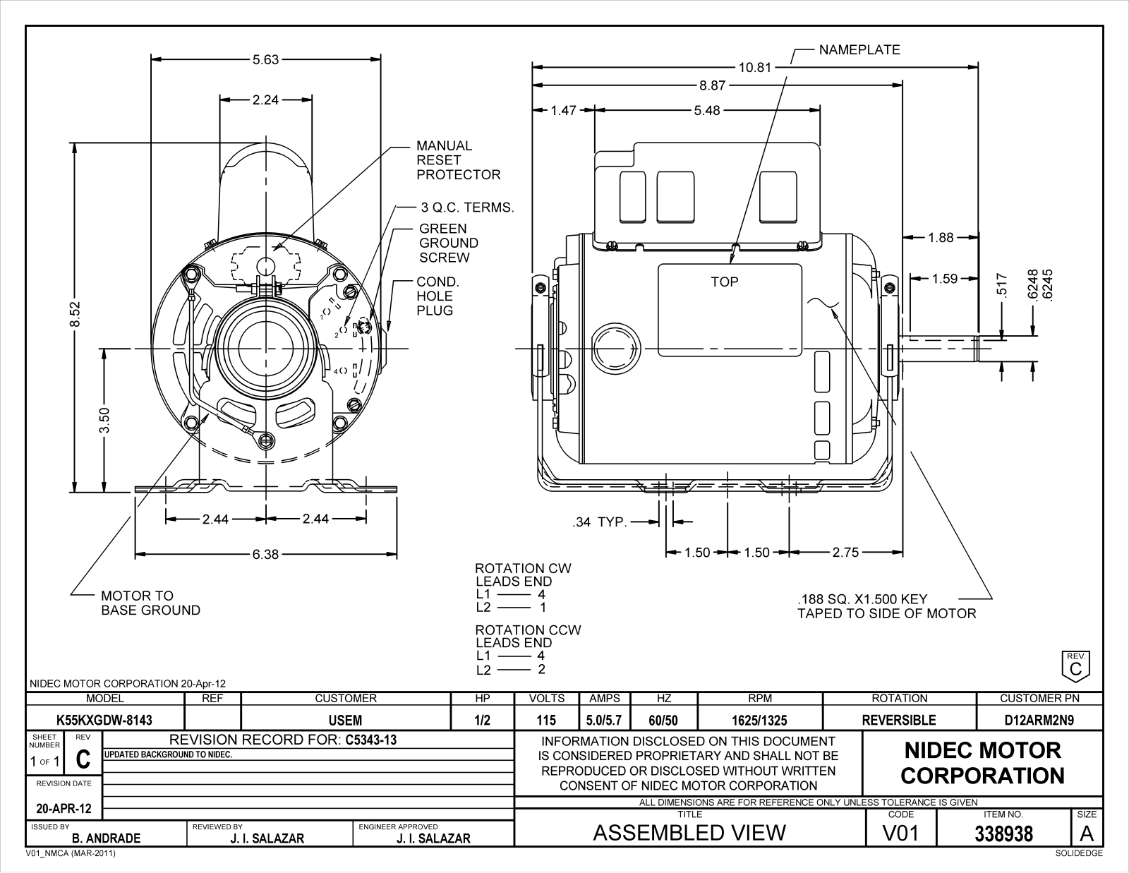 US Motors D12ARM2N9 Dimensional Sheet