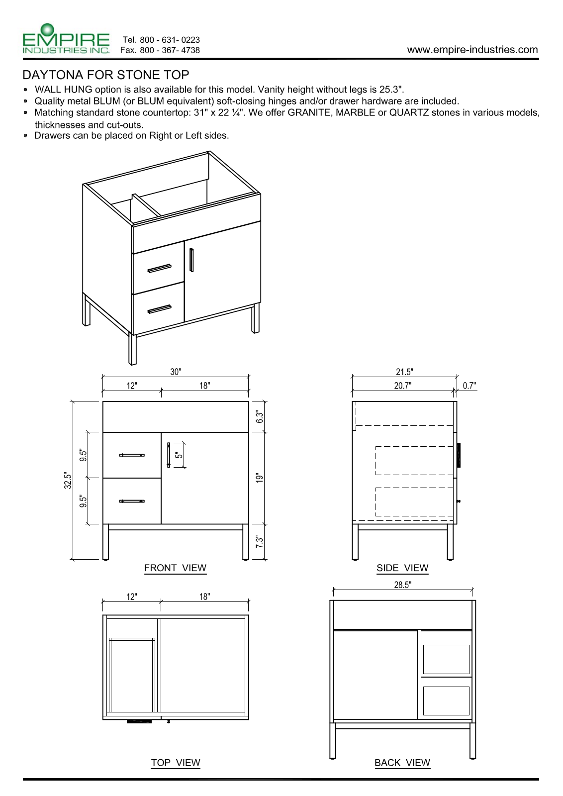 Empire Industries WDS3012BNSL, DS3012BGPL Specs