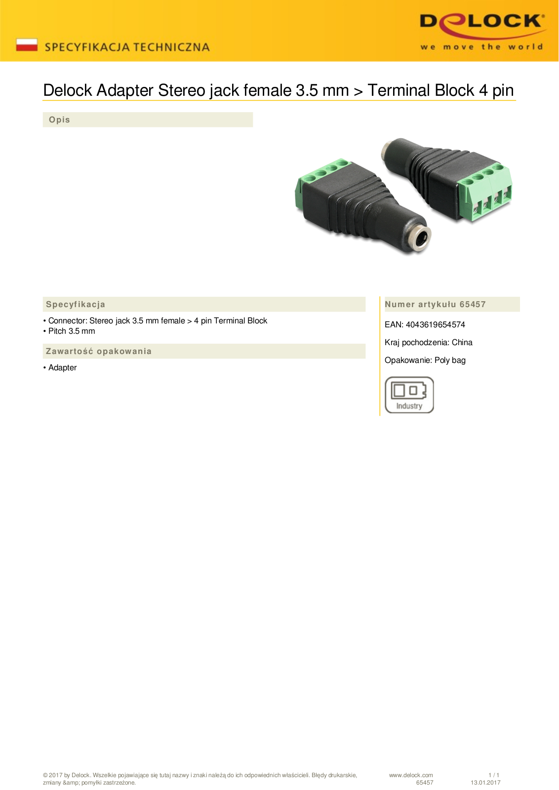 DeLOCK 3.5mm jack on 4-Pin-Terminalblock adapter User Manual