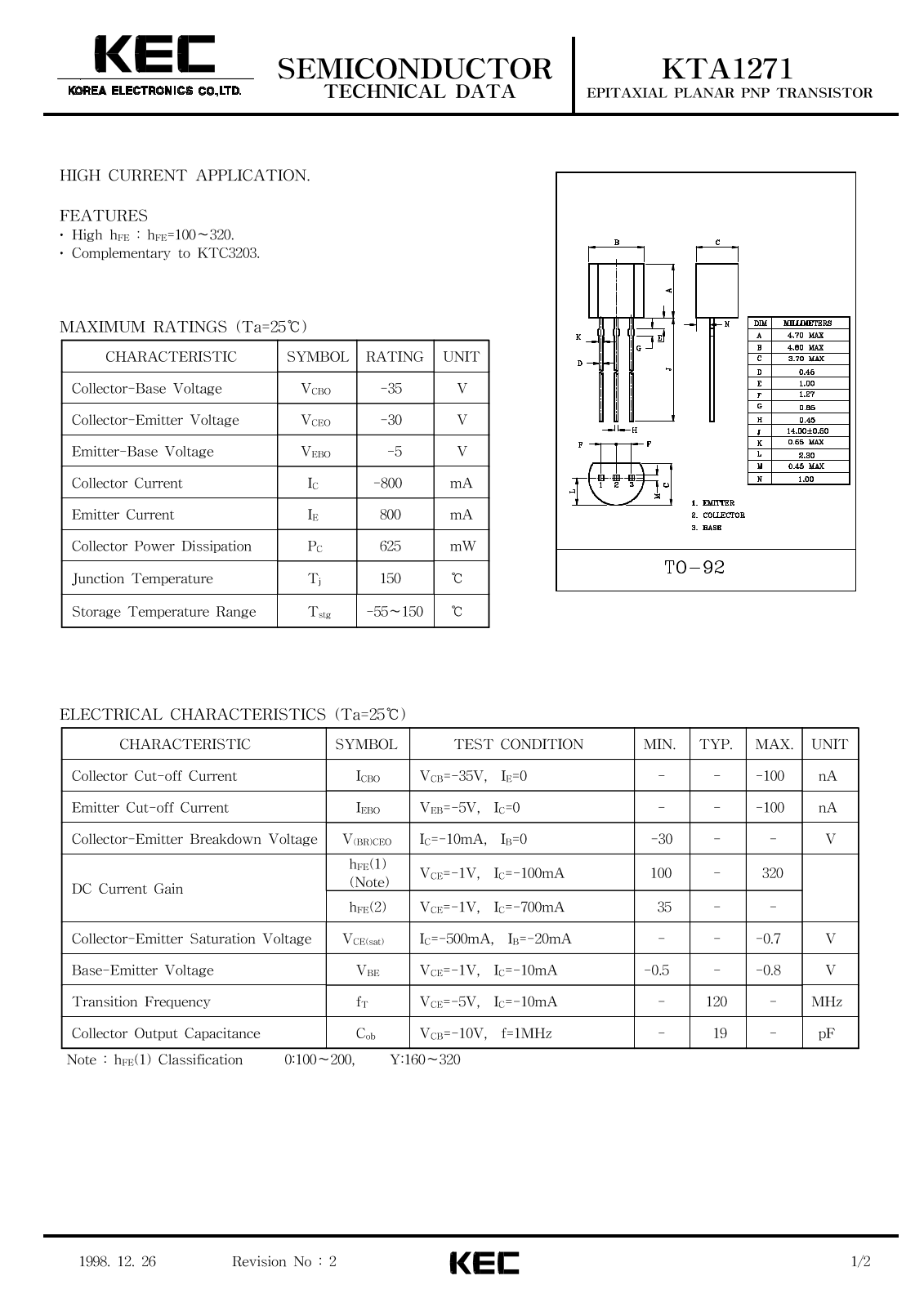 KEC KTA1271 Datasheet