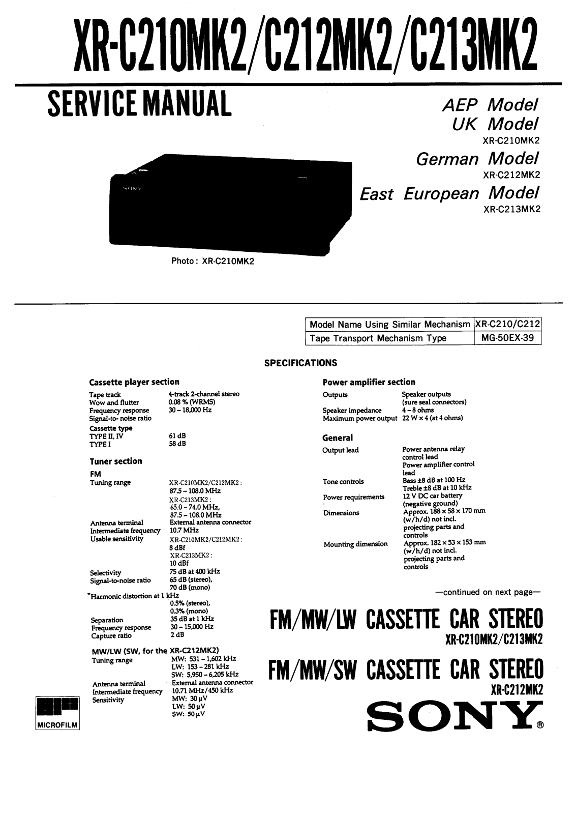 Sony XR-C210MK2, XR-C212MK2, XR-C213MK2 Service Manual