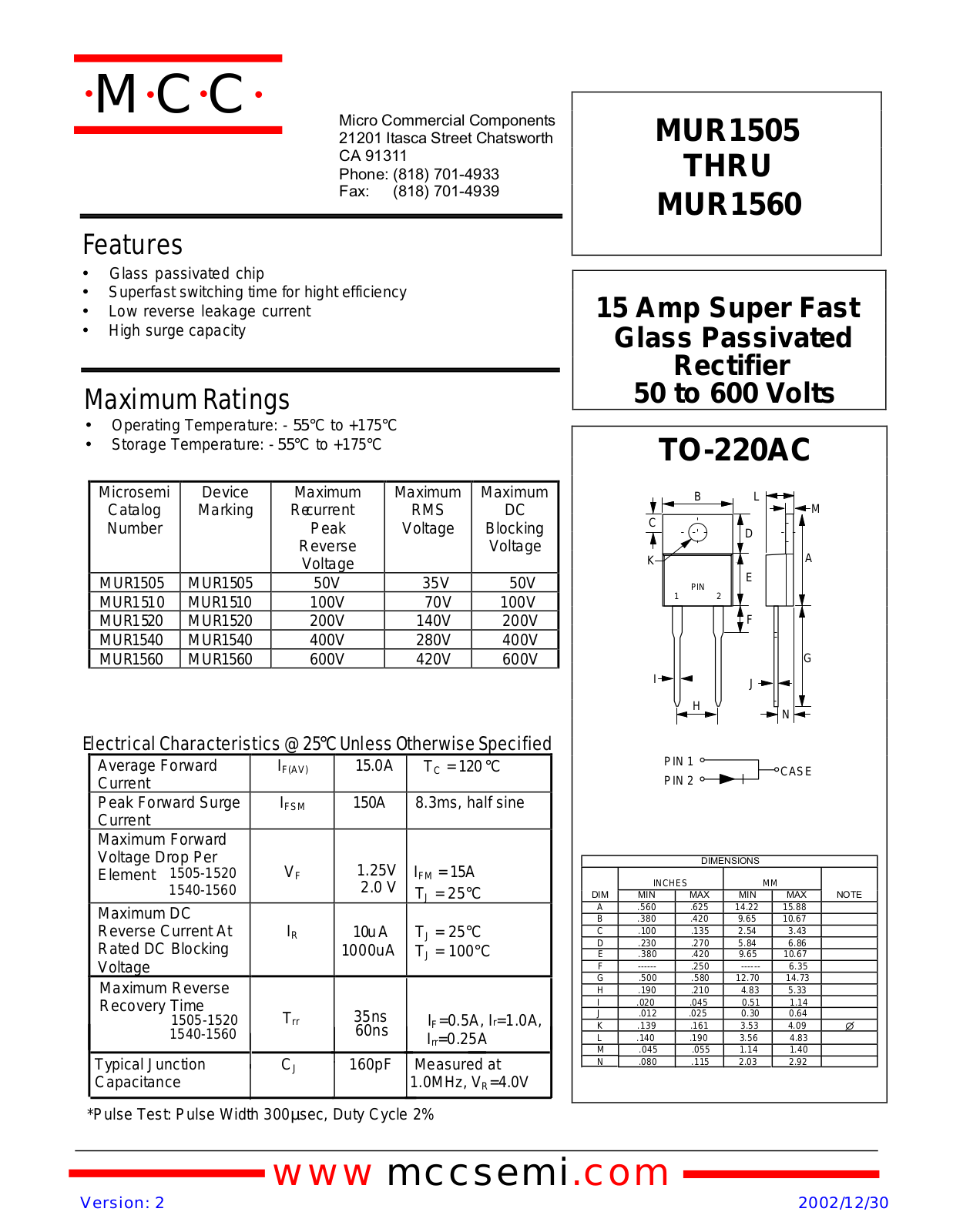 MCC MUR1520, MUR1540, MUR1505, MUR1510, MUR1560 Datasheet