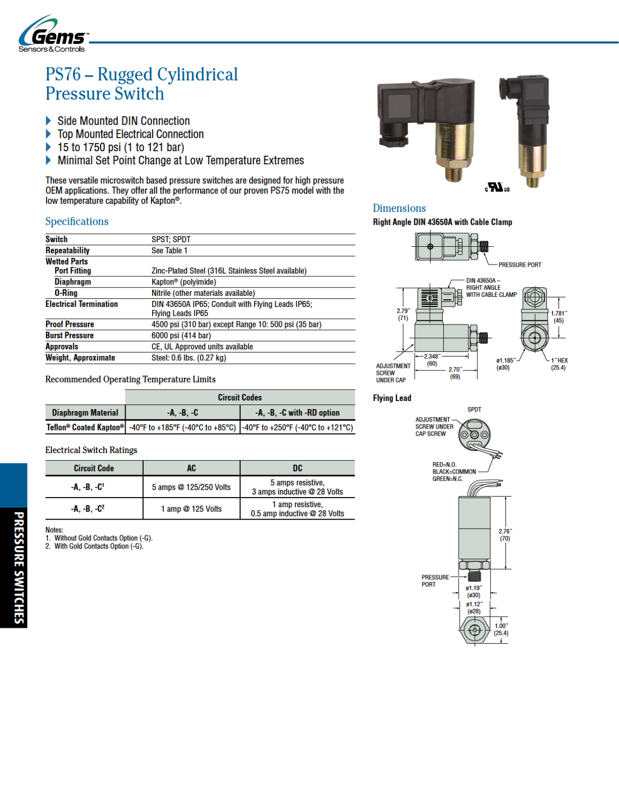 Gems Sensors & Controls PS76 Catalog Page