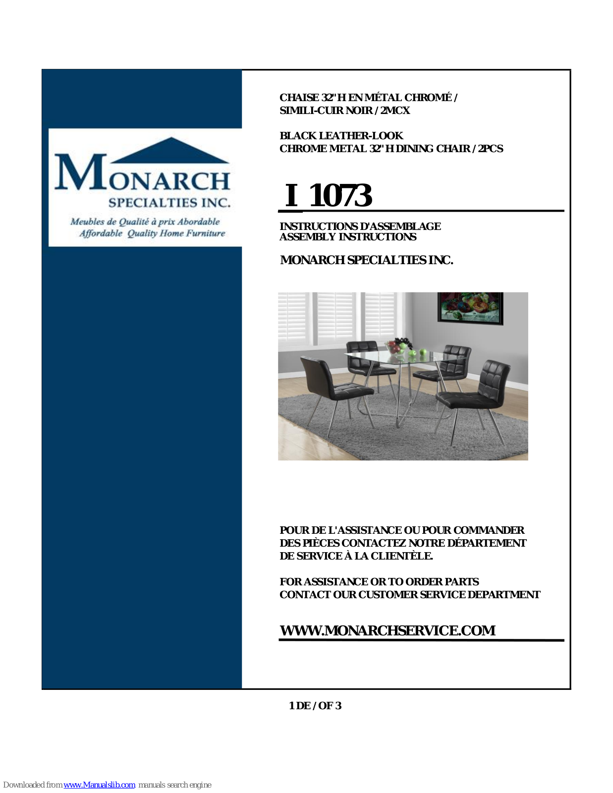 Monarch Specialties I 1073 Assembly Instructions Manual