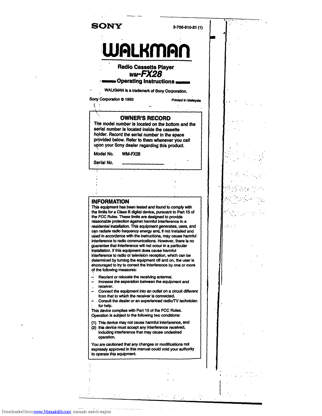 Sony Walkman WM-FX28 Operating Instructions Manual