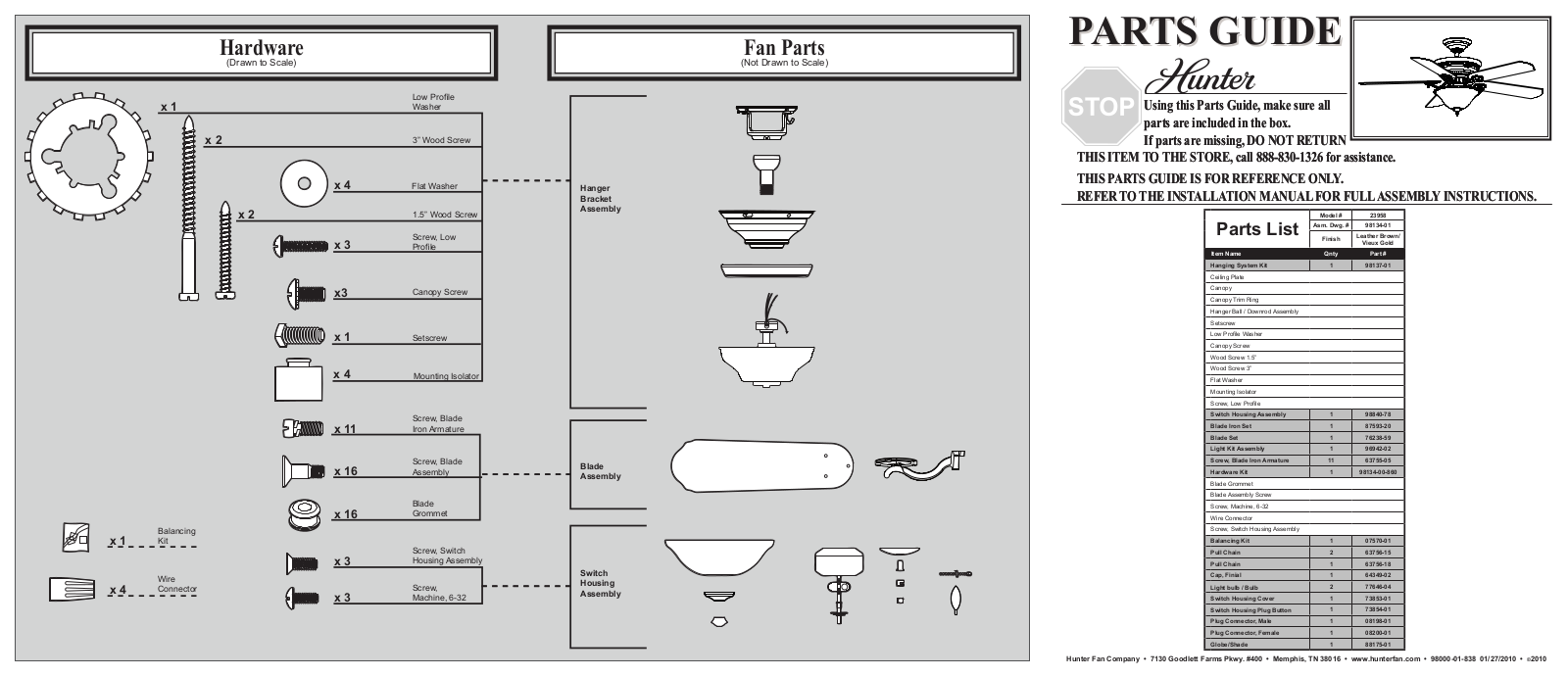 Hunter 23958 Parts Guide