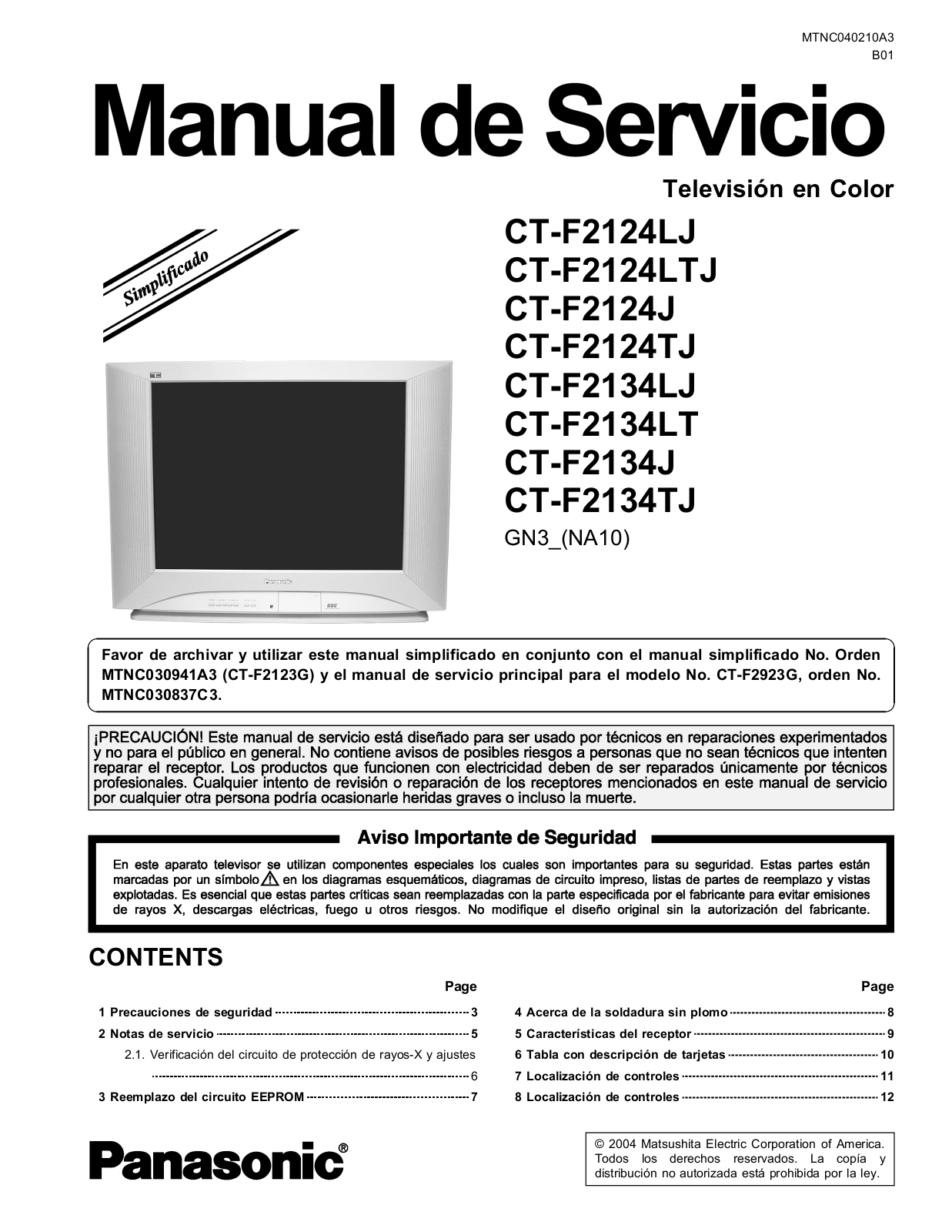 Panasonic CT-F2124LTJ, CT F2124LJ, CT-F2124J, CT-F2124TJ, CT-F2134LJ Service Manual