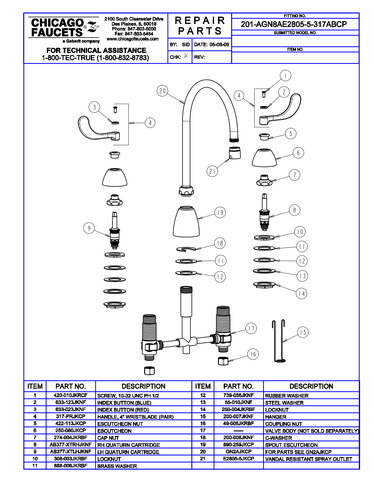 Chicago Faucet 201-AGN8AE2805-5-317ABCP Parts List