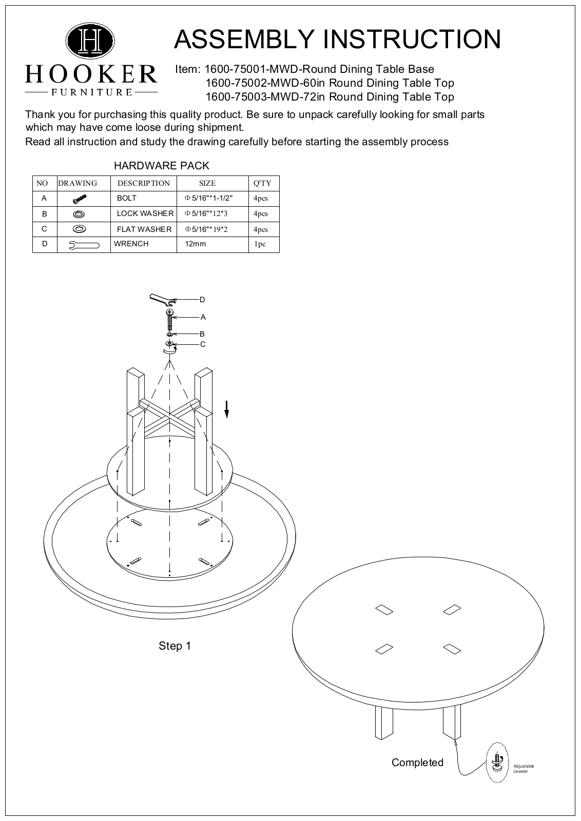 Hooker Furniture 160075211MWD, 160075201MWD Assembly Guide