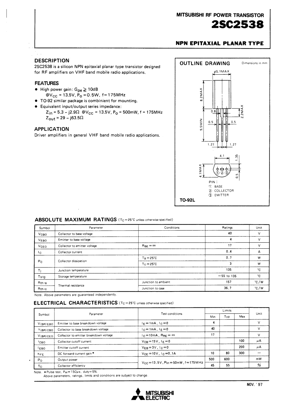 Mitsubishi Electric Corporation Semiconductor Group 2SC2538 Datasheet