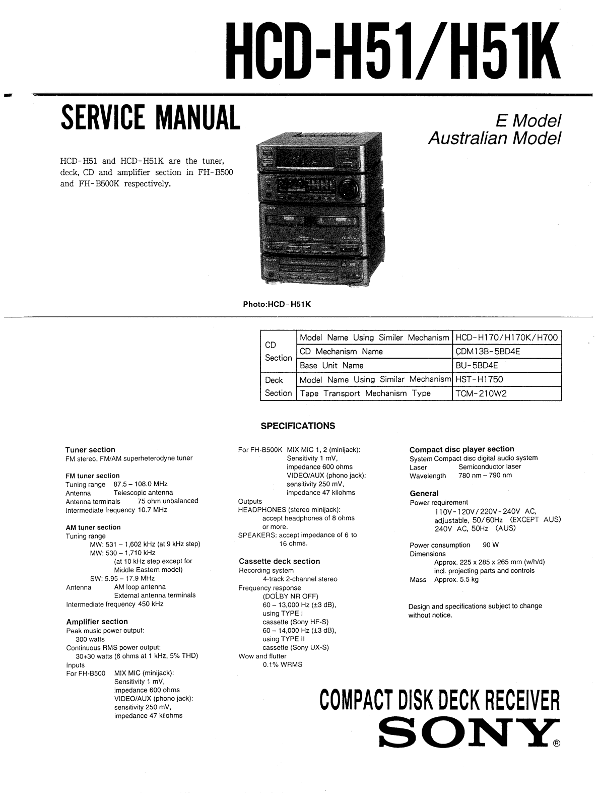 Sony HCD-H51, HCD-H51K Service Manual